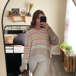 American Eagle Cropped Wide V-cut Colorful Striped Sweater — Women’s L